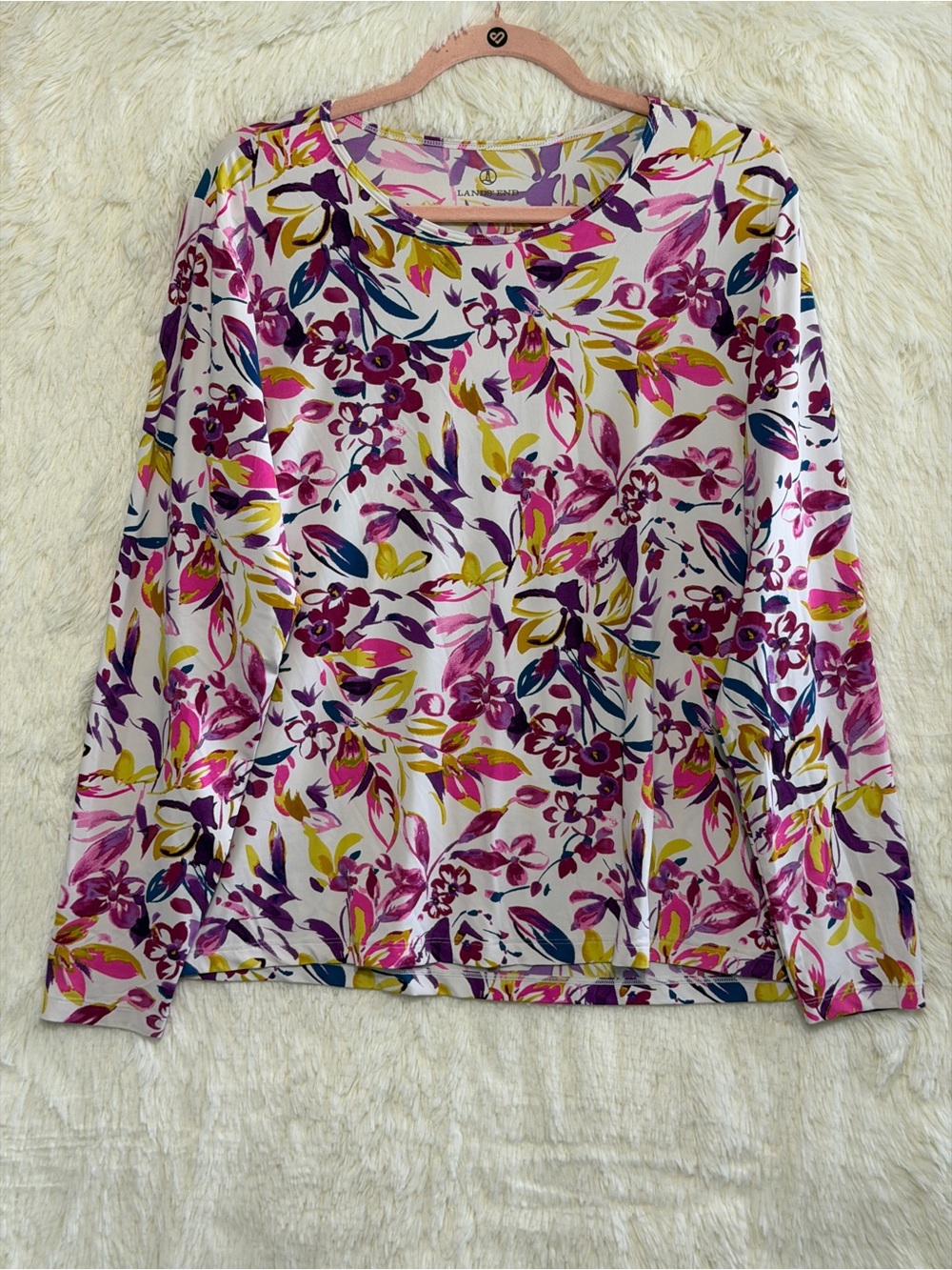 Lands End Womens Preppy Floral Long Sleeve Crewneck Jersey Top Size XL Americana